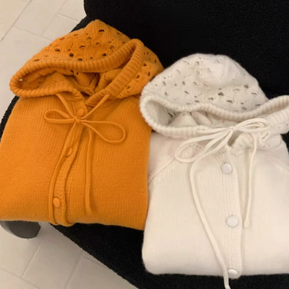 Womens Button Down Cardigan With Hollow Out Knit Hood