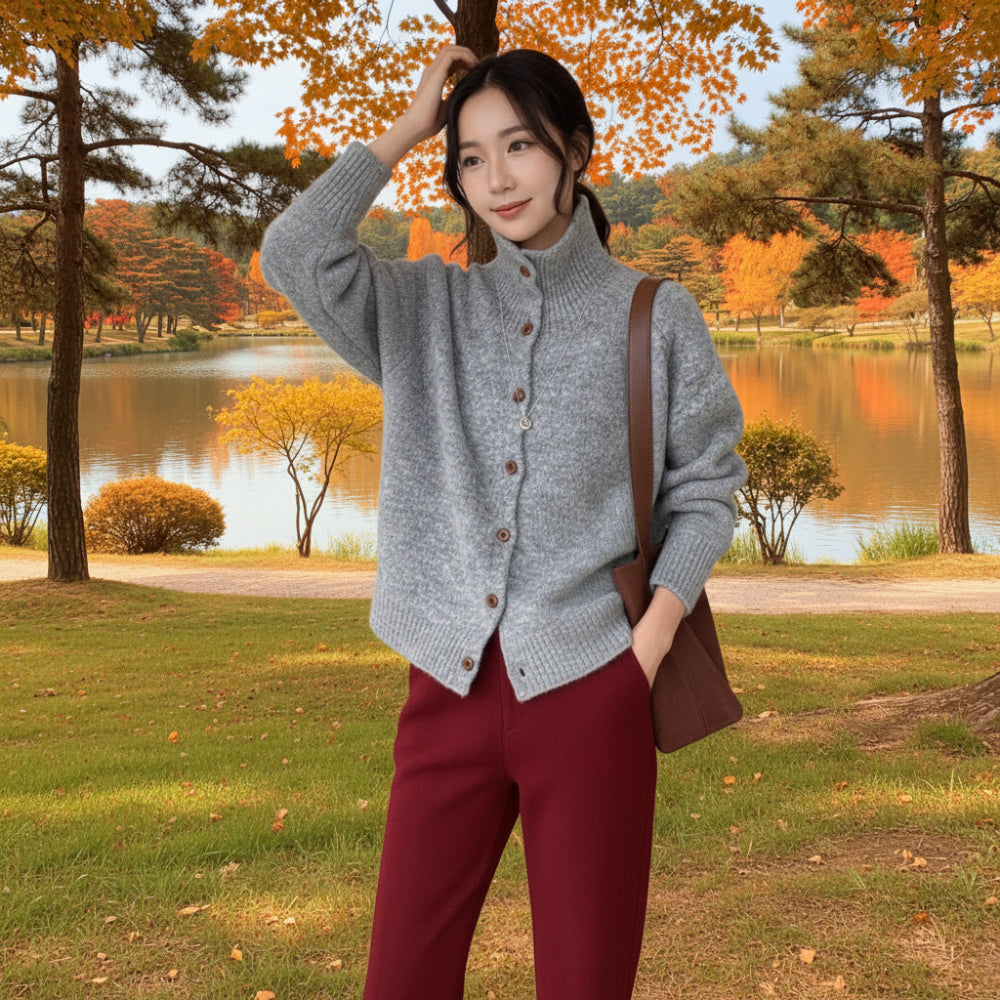 Womens High Collar Button Down Cardigan