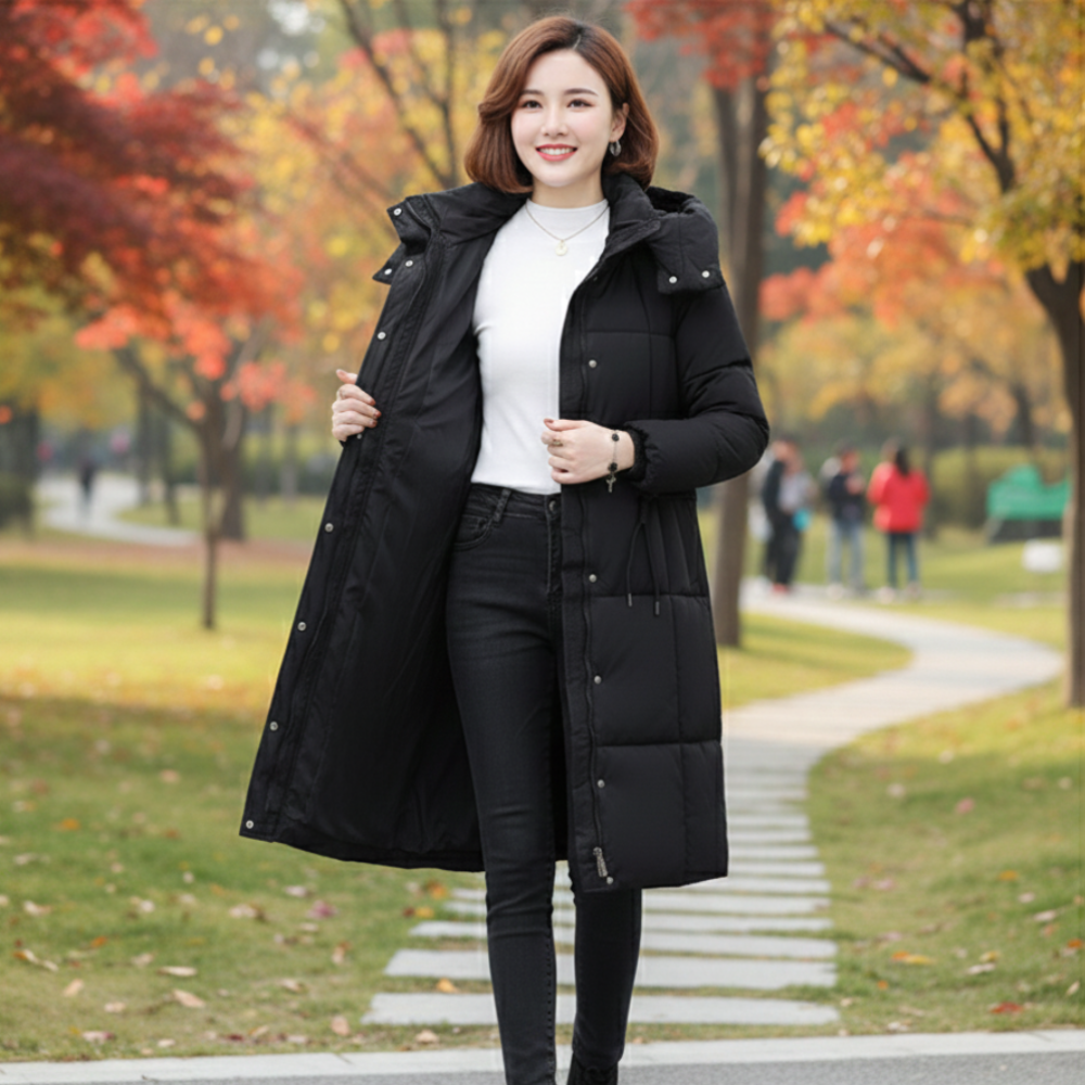 Women Mid Length Puffer Coat With Removable Hood