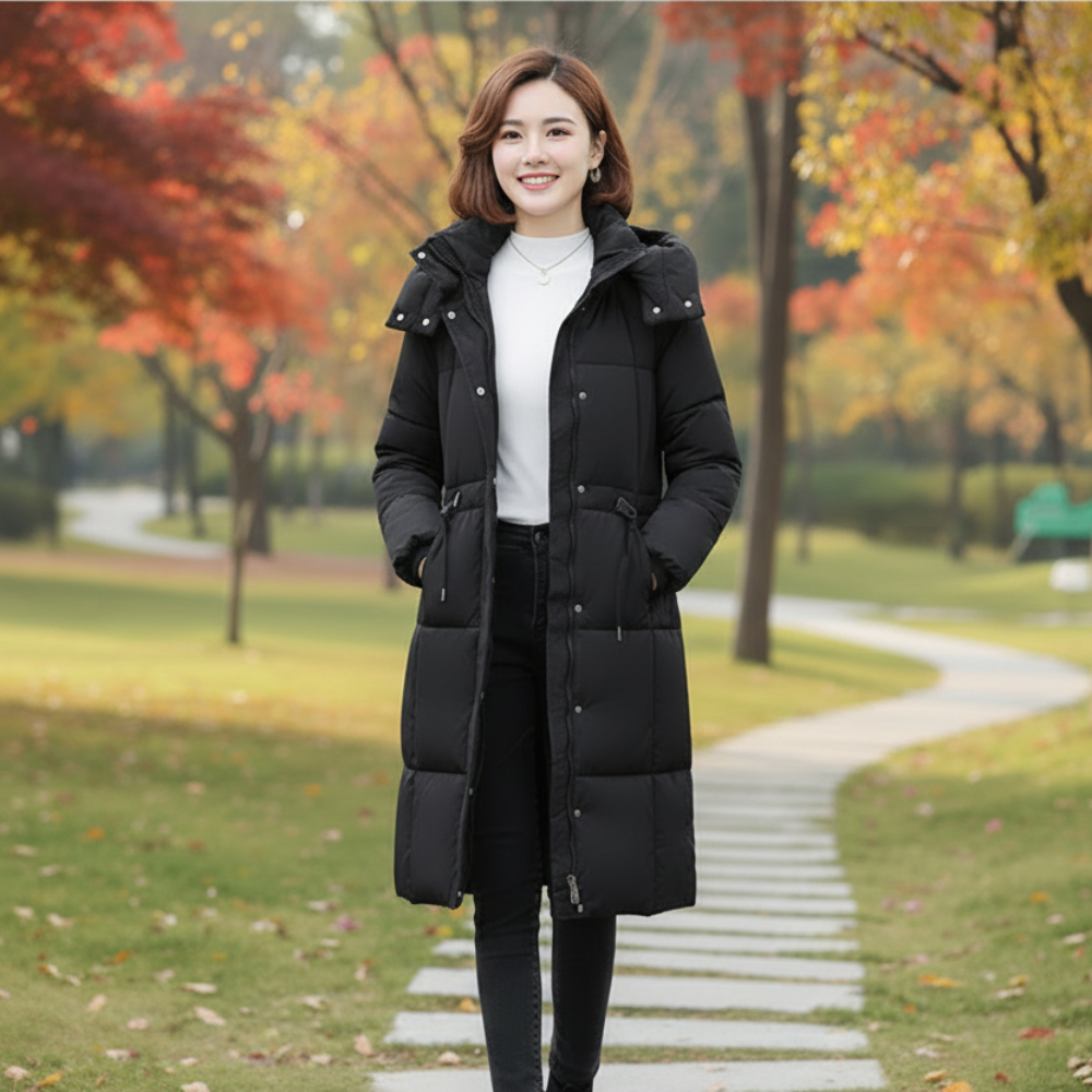 Women Mid Length Puffer Coat With Removable Hood