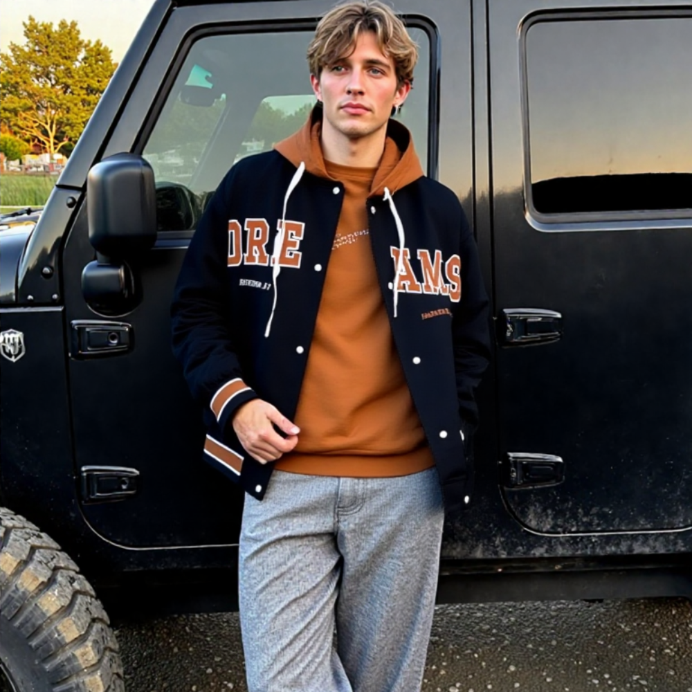 Mens Layered Look Baseball Jacket With Hood