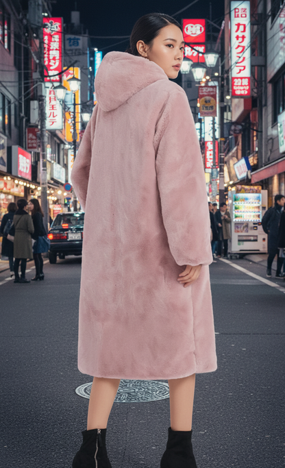 Womens Hooded Faux Fur Coat with Pockets