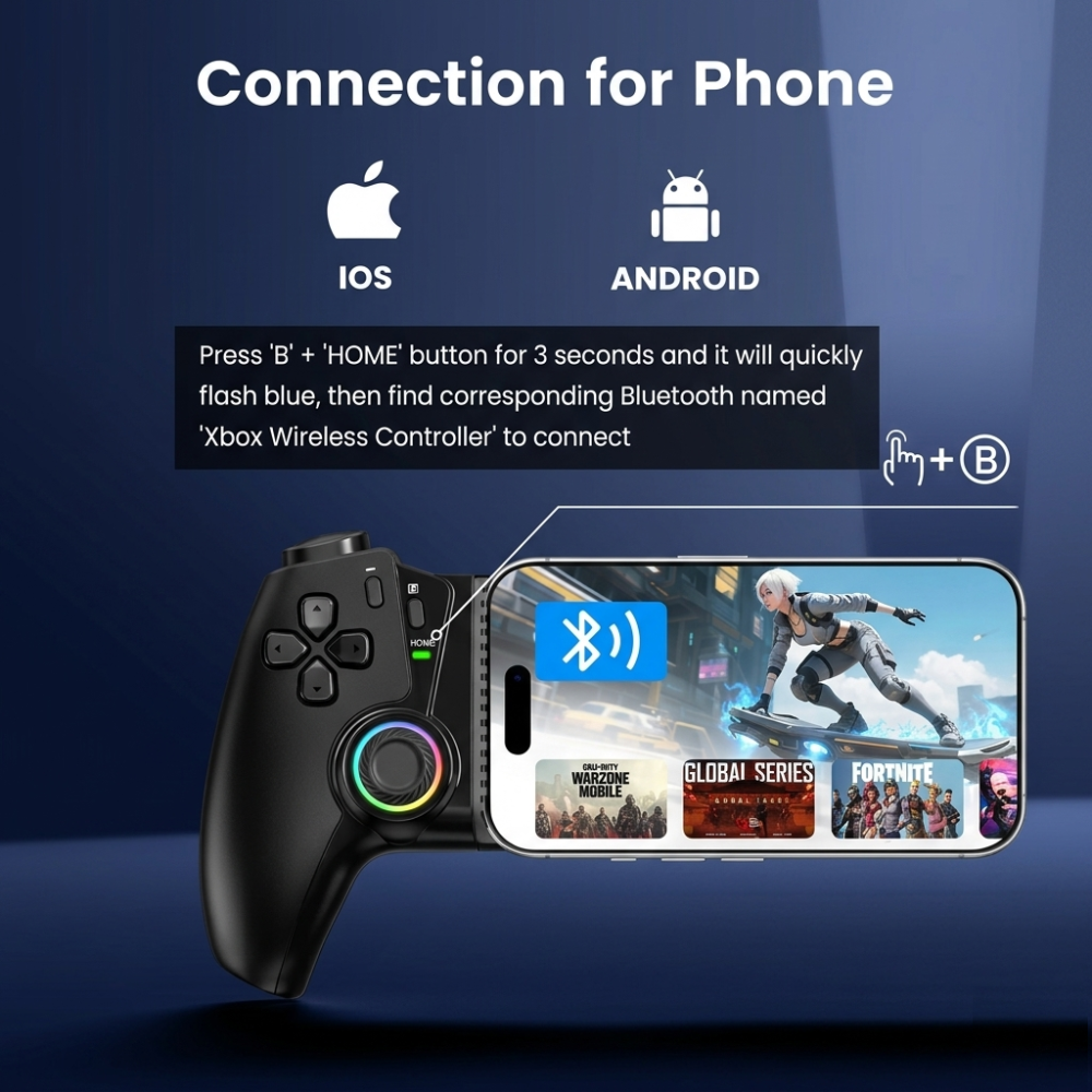 Wireless RGB Hall Effect Gamepad Compatible for Switch & Mobile Phone