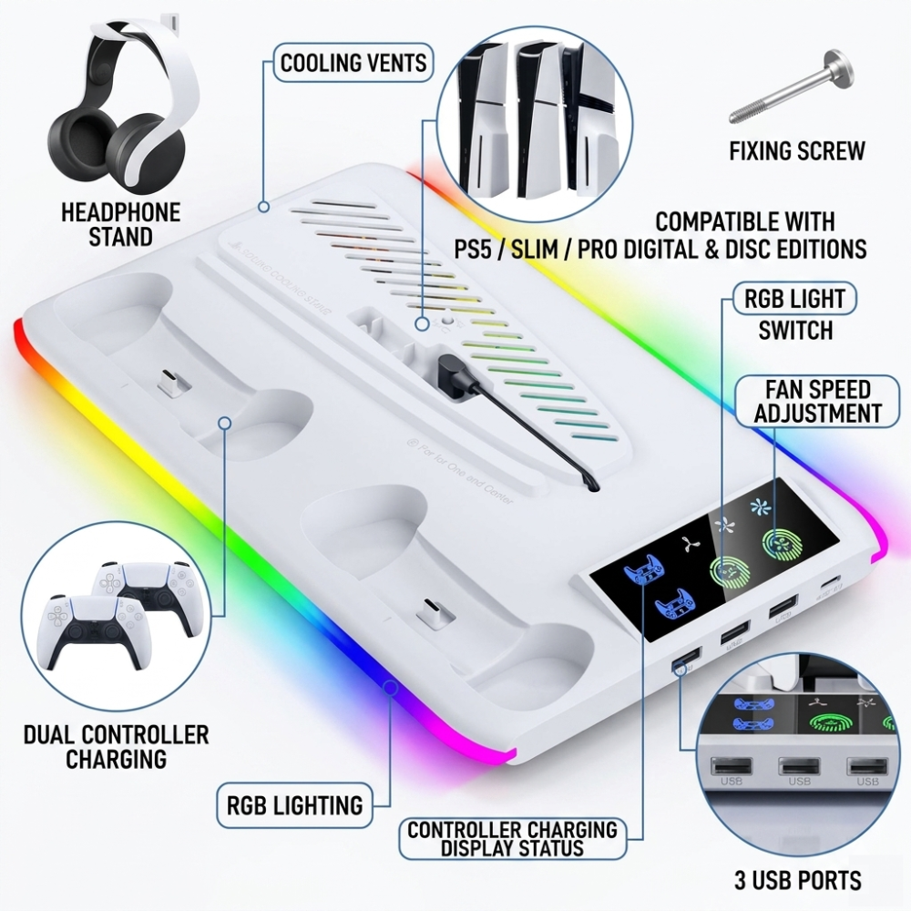 Slim RGB Cooling & Charging Station Compatible for PS5