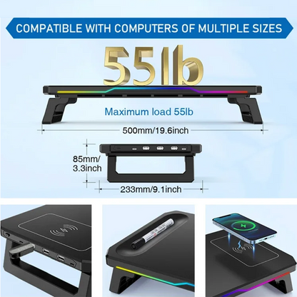 RGB Illuminated Monitor Riser with Wireless Charging Hub