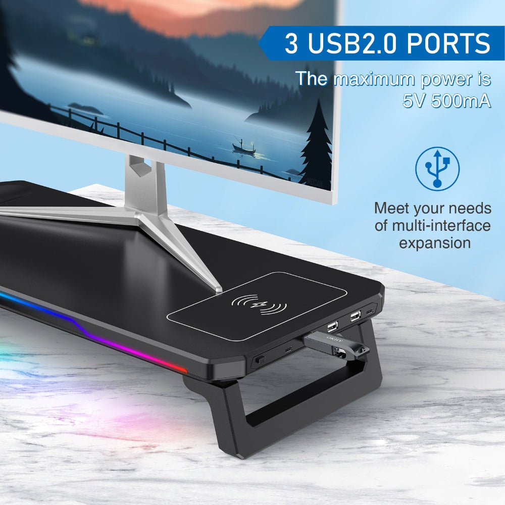 RGB Illuminated Monitor Riser with Wireless Charging Hub