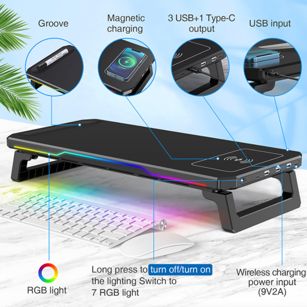 RGB Illuminated Monitor Riser with Wireless Charging Hub