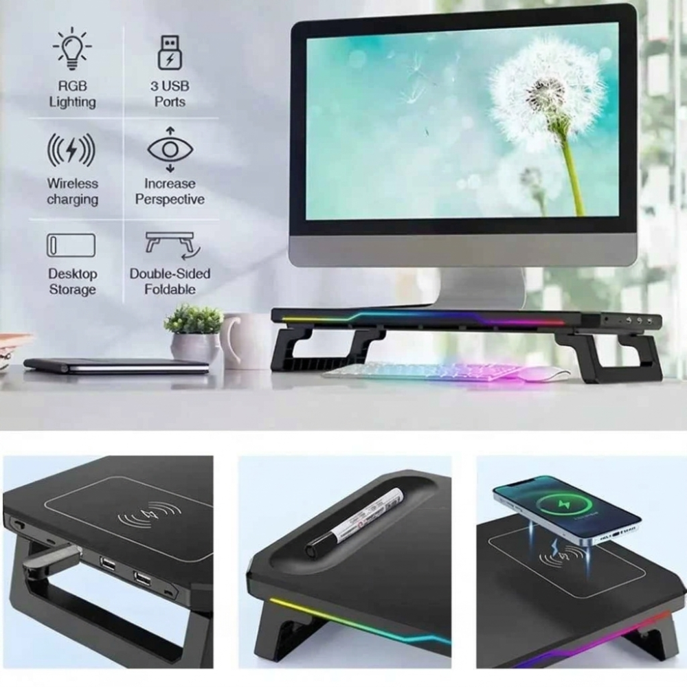 RGB Illuminated Monitor Riser with Wireless Charging Hub