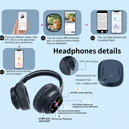 AI Smart Wireless Headphones with Detachable Touch Screen