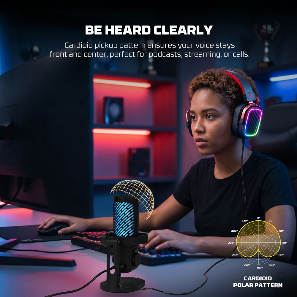 Premium USB Condenser Microphone with RGB Lighting and Noise Cancellation
