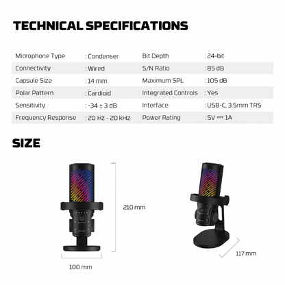 Premium USB Condenser Microphone with RGB Lighting and Noise Cancellation