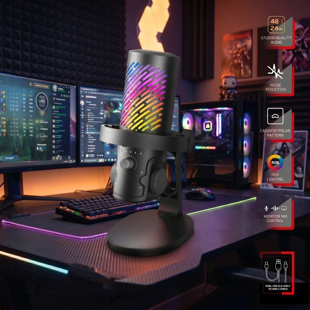 Premium USB Condenser Microphone with RGB Lighting and Noise Cancellation