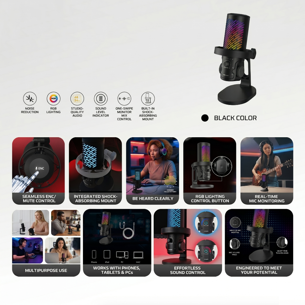 Premium USB Condenser Microphone with RGB Lighting and Noise Cancellation