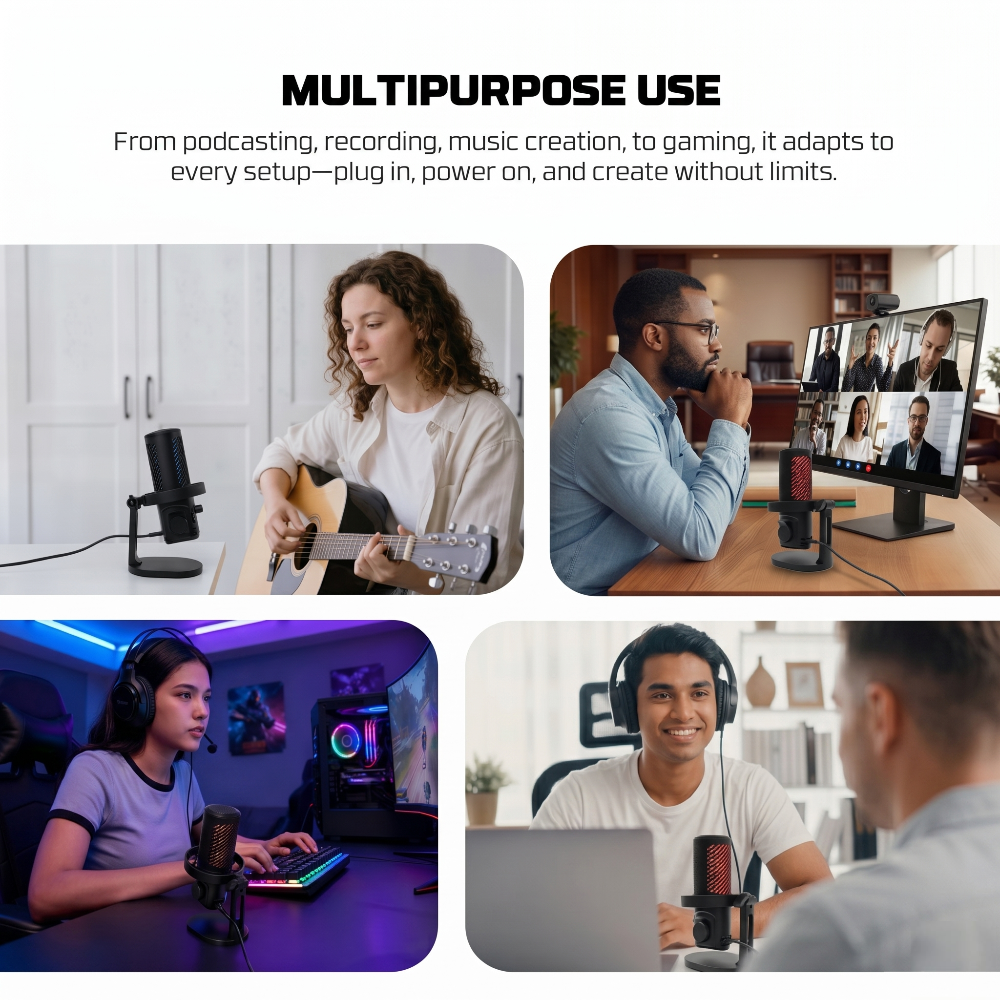 Premium USB Condenser Microphone with RGB Lighting and Noise Cancellation