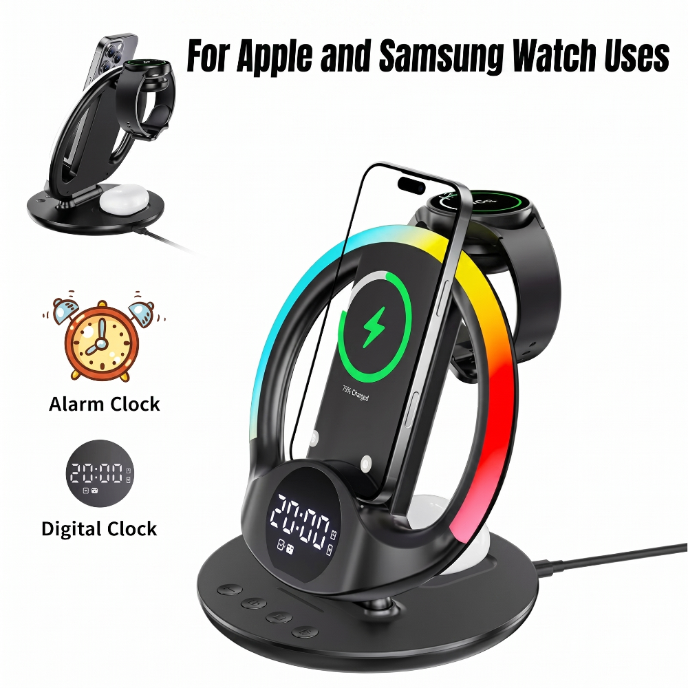 5-in-1 RGB Ambient Wireless Charging Station with Alarm Clock
