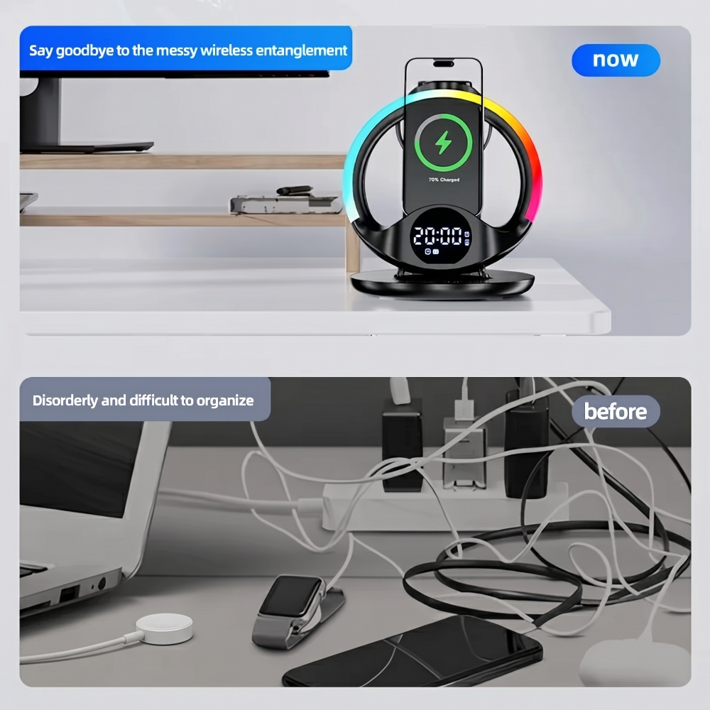 5-in-1 RGB Ambient Wireless Charging Station with Alarm Clock