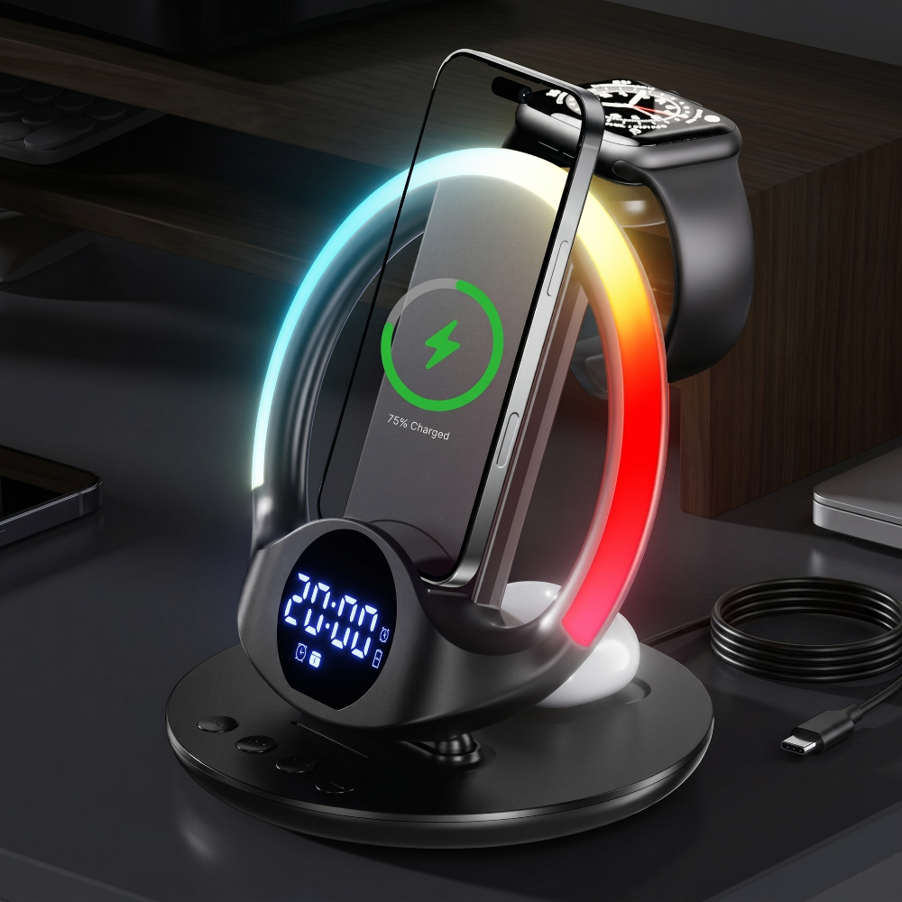 5-in-1 RGB Ambient Wireless Charging Station with Alarm Clock