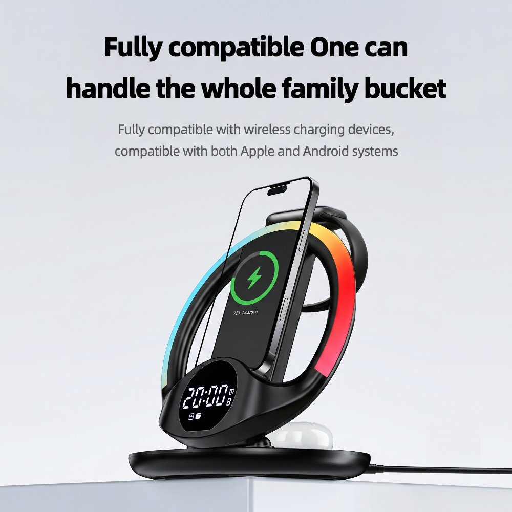 5-in-1 RGB Ambient Wireless Charging Station with Alarm Clock