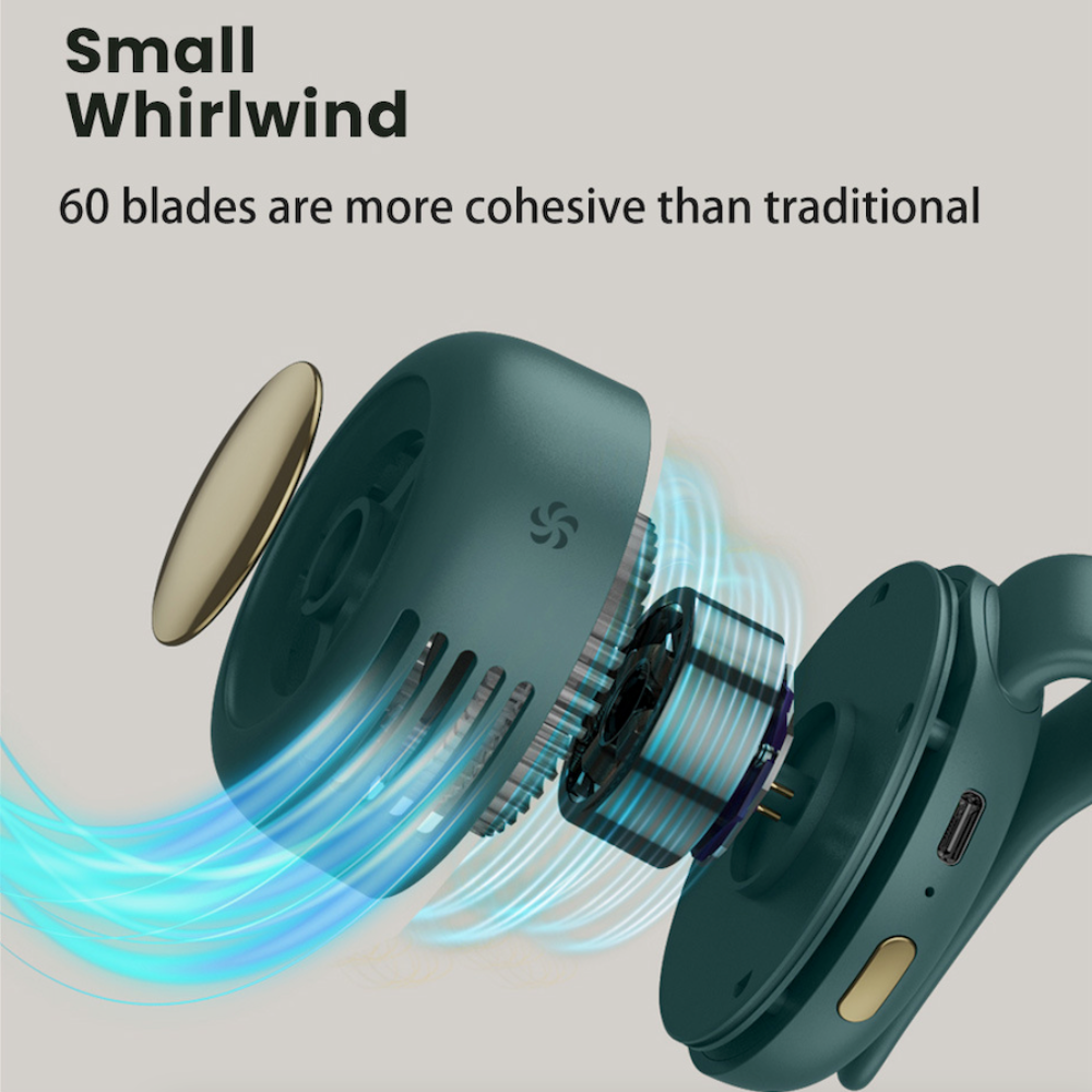 WhirlClip Leafless Mini Fan – Silent, Rechargeable, Clip-On Cool!