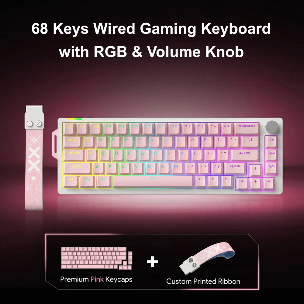 Compact Wired 68-Key Hot-Swap Mechanical Keyboard with RGB & Volume Knob