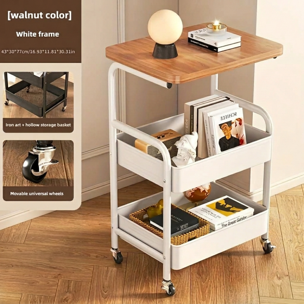 3-Tier Rolling Utility Cart with Wooden Tabletop