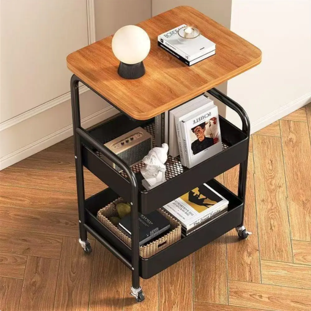 3-Tier Rolling Utility Cart with Wooden Tabletop