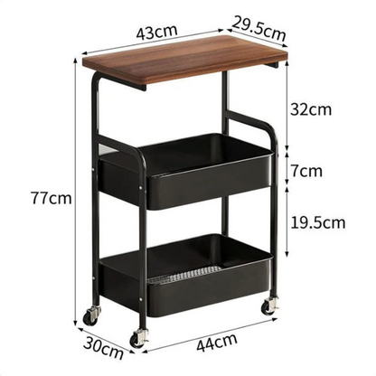 3-Tier Rolling Utility Cart with Wooden Tabletop