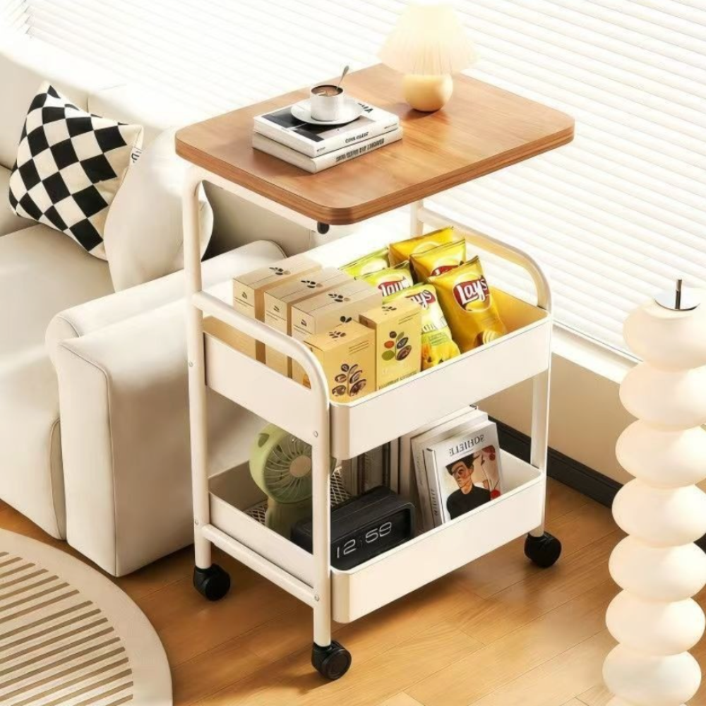 3-Tier Rolling Utility Cart with Wooden Tabletop