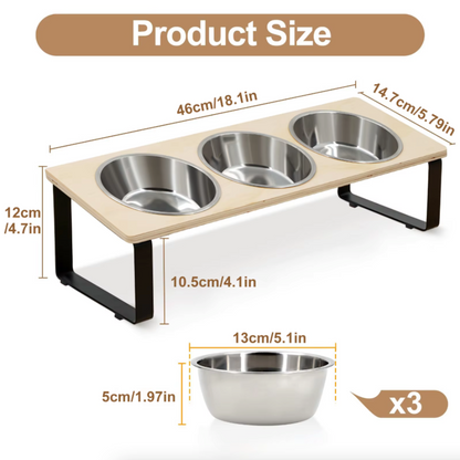 Elevated Tilted Cat Feeder Stand with 3 Stainless Steel Bowls