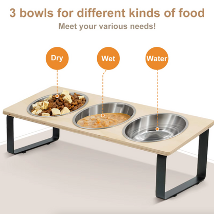 Elevated Tilted Cat Feeder Stand with 3 Stainless Steel Bowls
