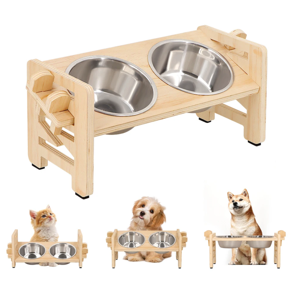 Adjustable Elevated Wooden Pet Feeder Stand with 2 Stainless Steel Bowls