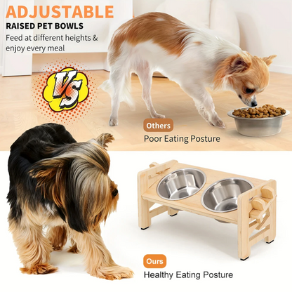 Adjustable Elevated Wooden Pet Feeder Stand with 2 Stainless Steel Bowls