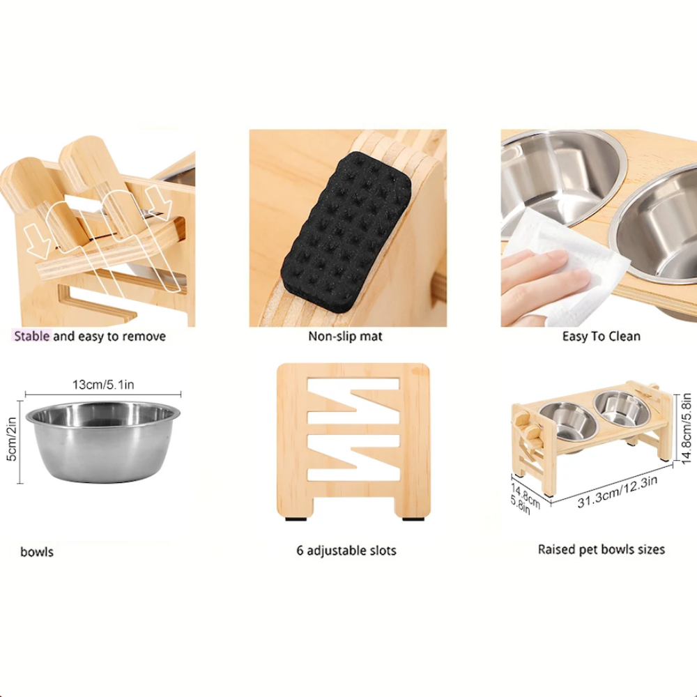 Adjustable Elevated Wooden Pet Feeder Stand with 2 Stainless Steel Bowls