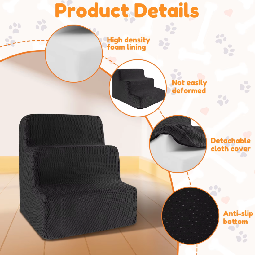 3-Step High Density Foam Pet Stairs with Non-Slip Surface