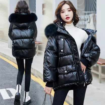 Womens Winter Short Puffy Coat with Hood
