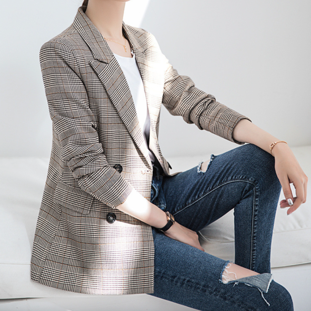 Womens Double Breasted Gray Checkered Blazer