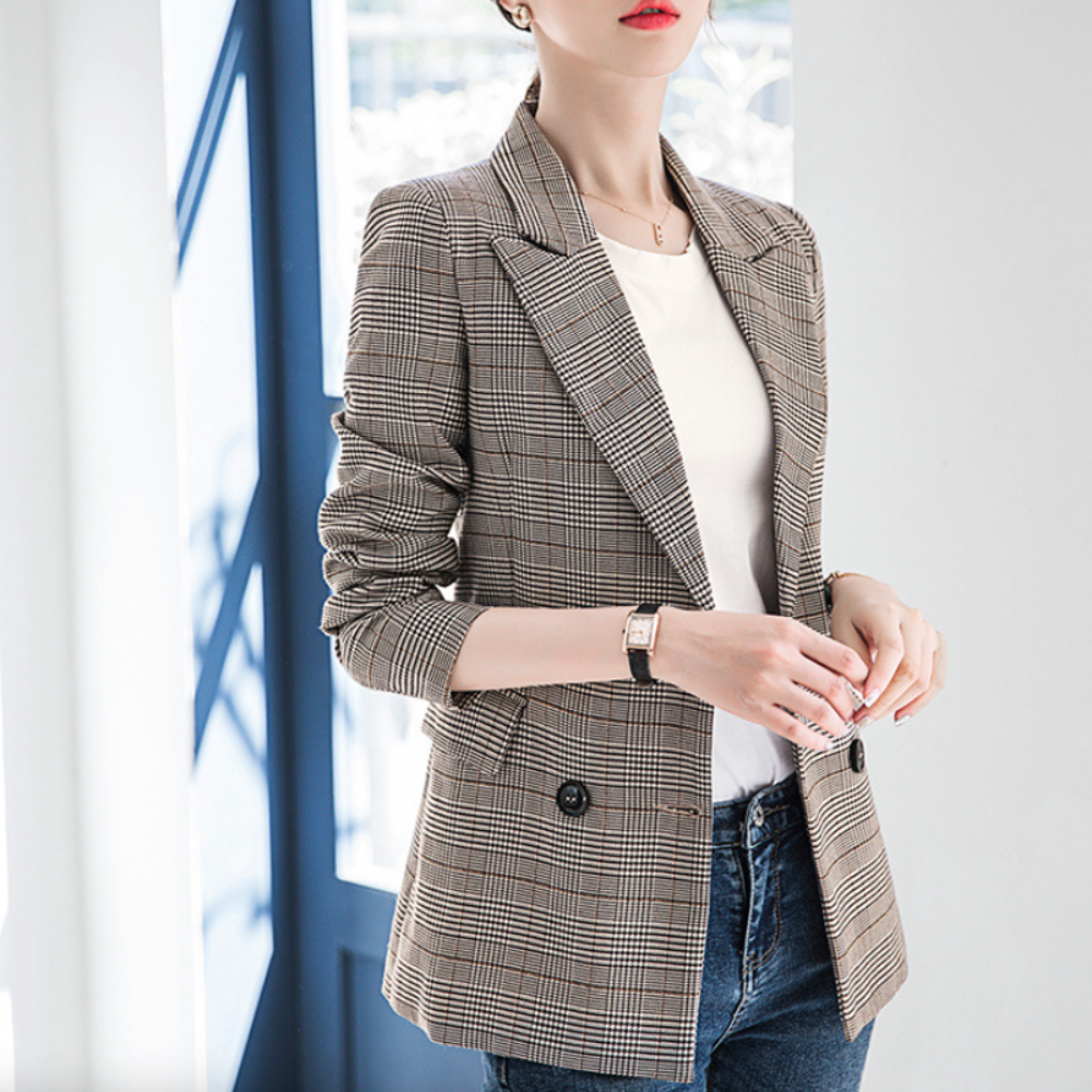 Womens Double Breasted Gray Checkered Blazer