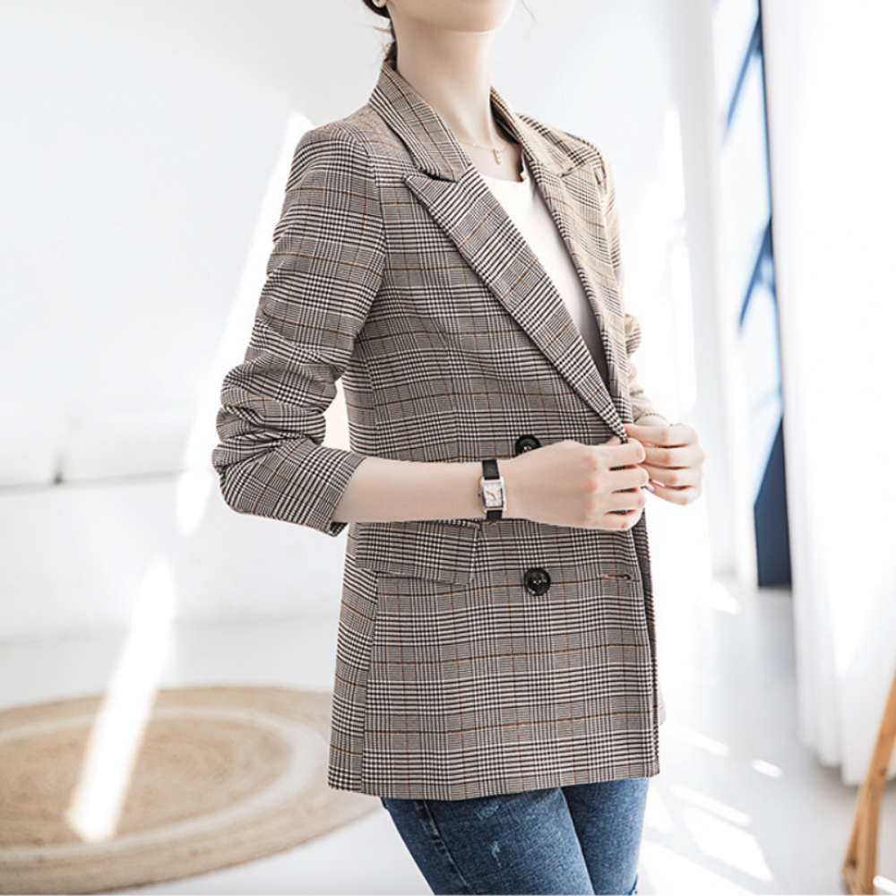 Womens Double Breasted Gray Checkered Blazer