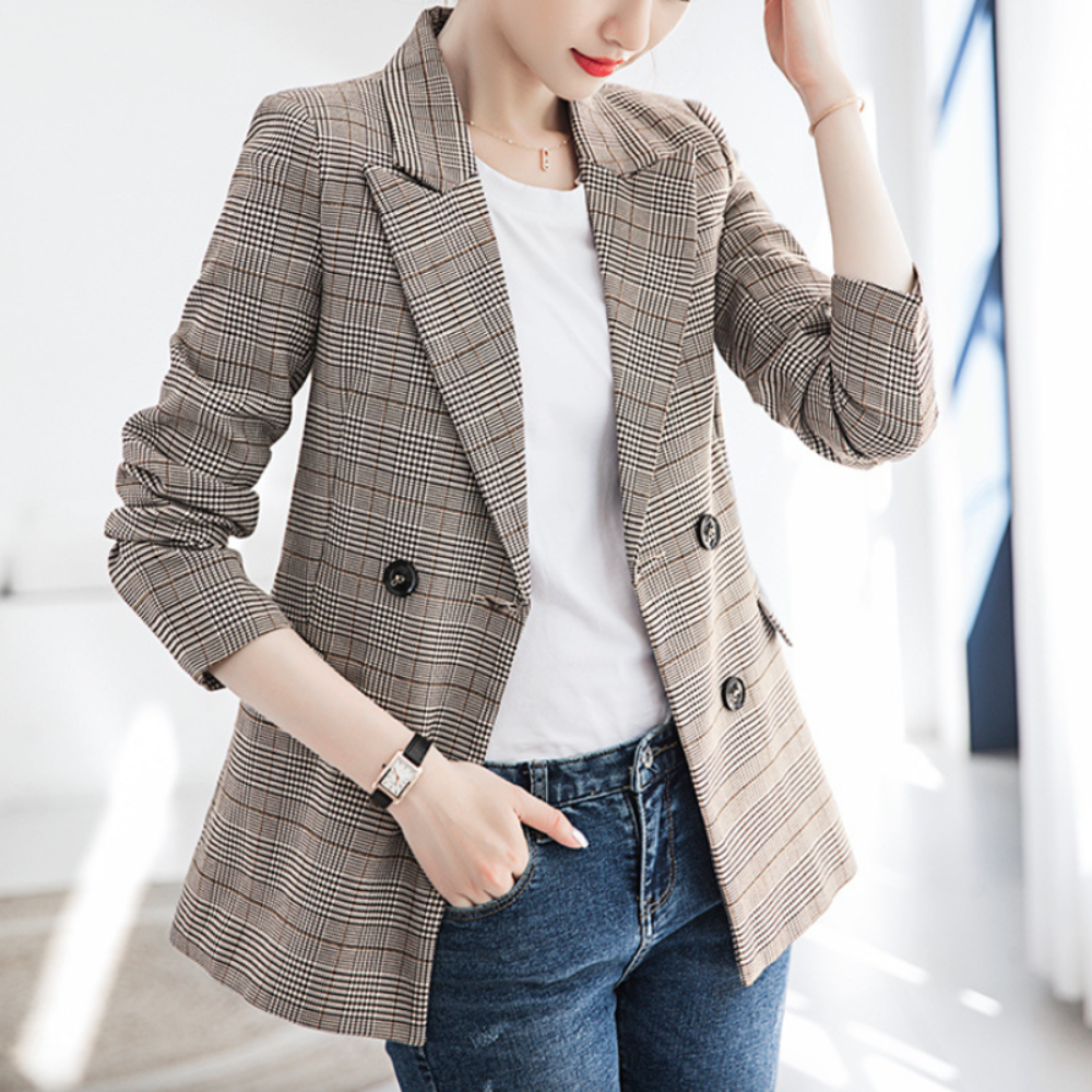 Womens Double Breasted Gray Checkered Blazer