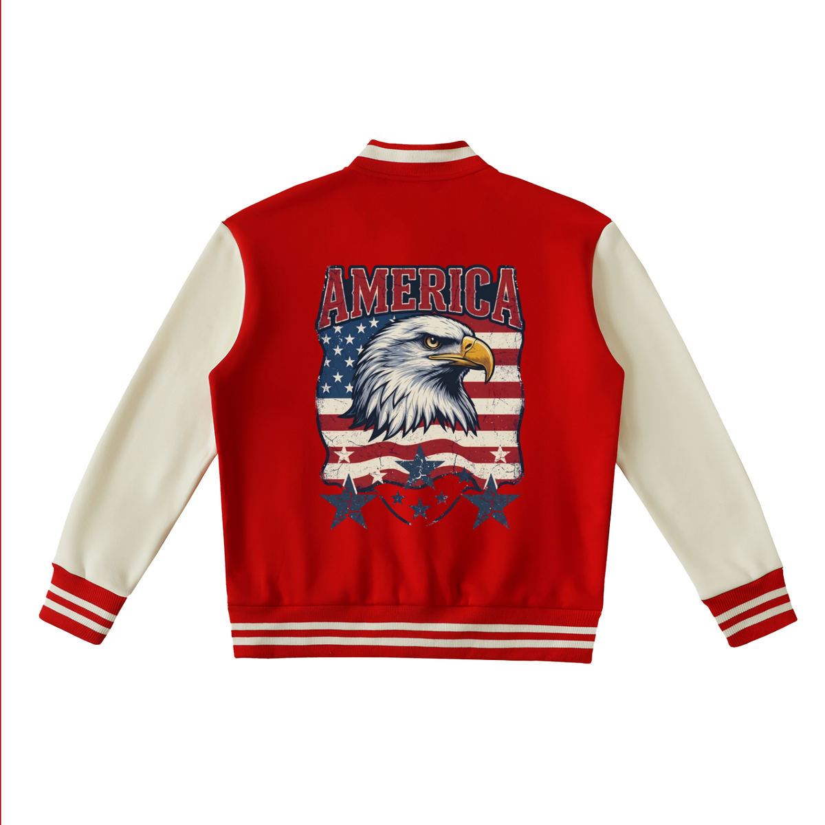A red and cream varsity jacket shown from the back, featuring a large patriotic graphic with an eagle head, American flag stars and stripes, and the word 'AMERICA'.