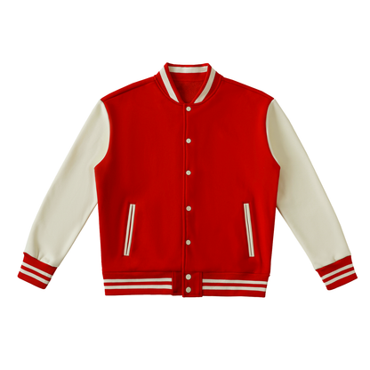 A red and cream varsity jacket with cream sleeves, striped ribbed cuffs and hem, and a button front, shown on a plain white background.