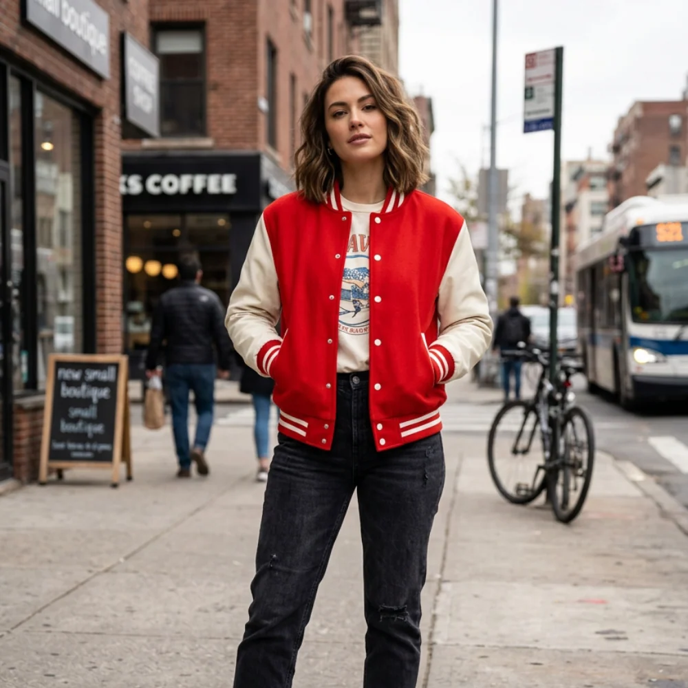 A woman stands on a city sidewalk wearing a red and cream varsity jacket, dark jeans, and white sneakers, with brick buildings, a bus, and a bicycle in the background.