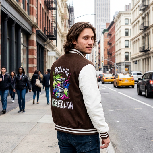 Rolling Rebel Theme Two-Tone Fleeced Varsity Jacket