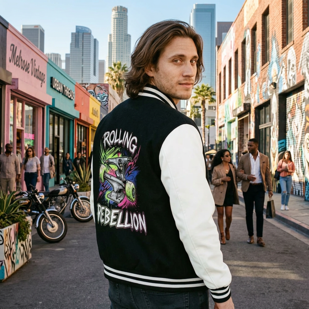Rolling Rebel Theme Two-Tone Fleeced Varsity Jacket