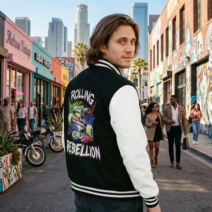 Rolling Rebel Theme Two-Tone Fleeced Varsity Jacket