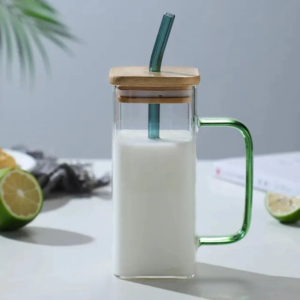 400ml Square Glass Sipper with Secure Lid and Reusable Straw