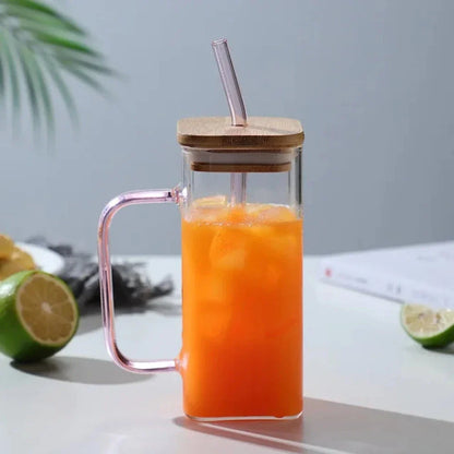 400ml Square Glass Sipper with Secure Lid and Reusable Straw