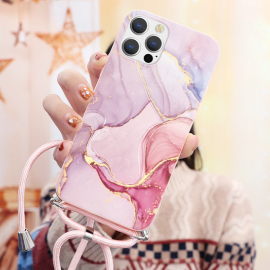 Marble Painting Phone Case With Crossbody Strap For iPhone