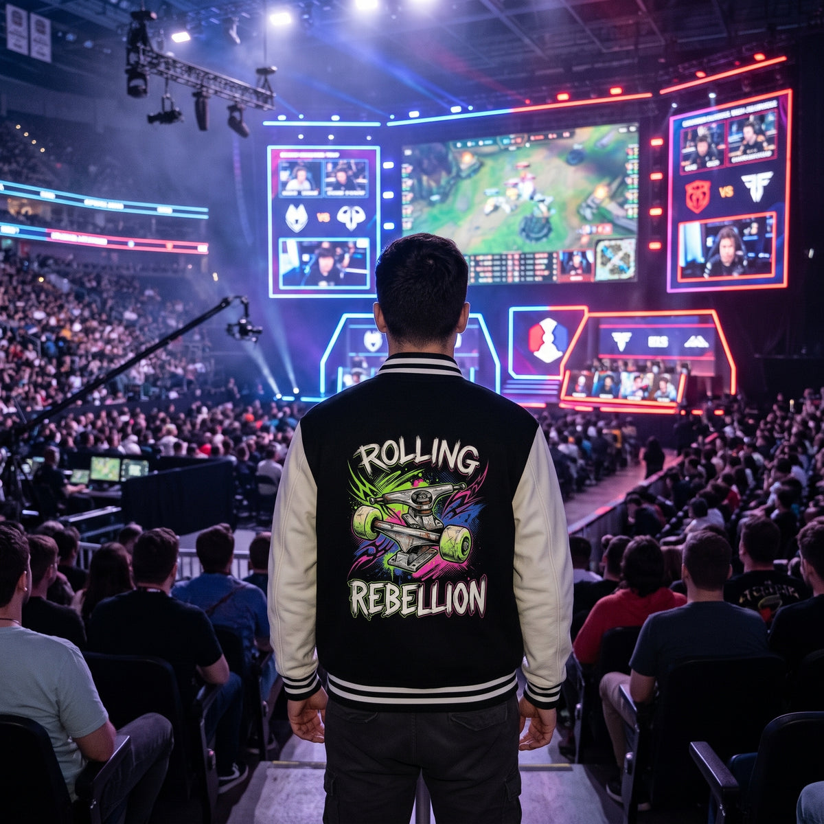 Rolling Rebel Theme Two-Tone Fleeced Varsity Jacket
