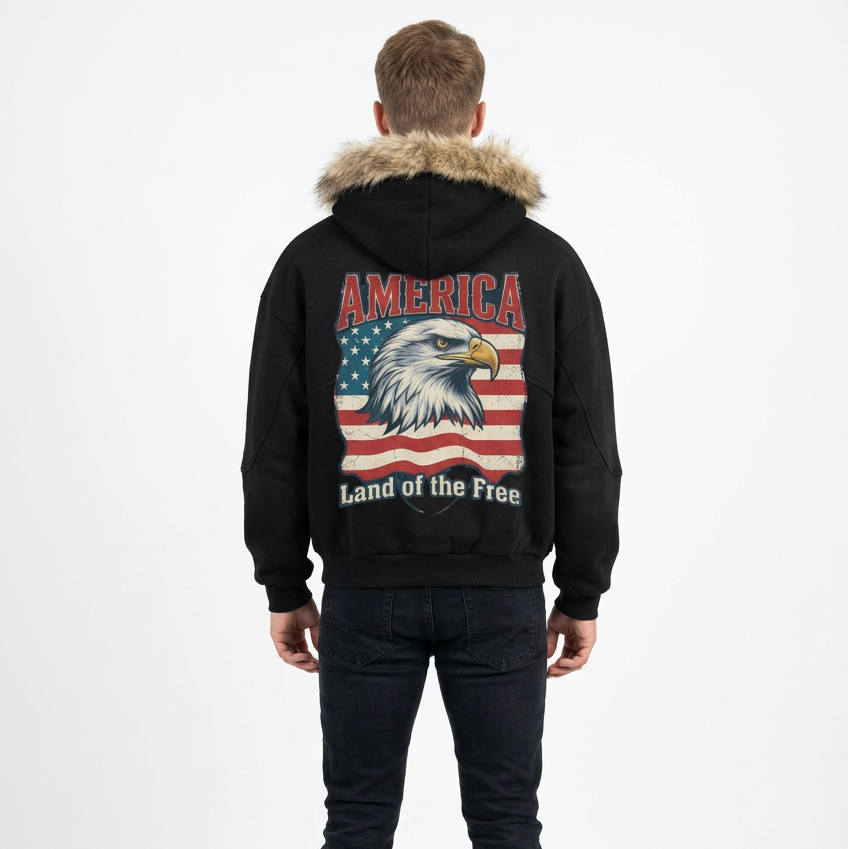 A black hooded sweatshirt shown from the back, featuring a large graphic print of an eagle head over an American flag with the words 'AMERICA' above and 'Land of the Free' below.